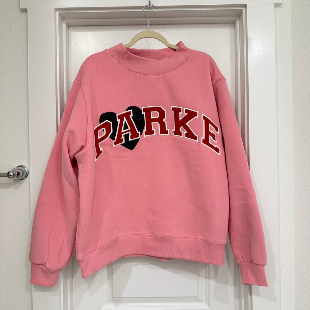 NEW PARKE Fleece Jean Heart Varsity Mockneck in Blush + Crimson Size L/XL - Picture 3 of 7